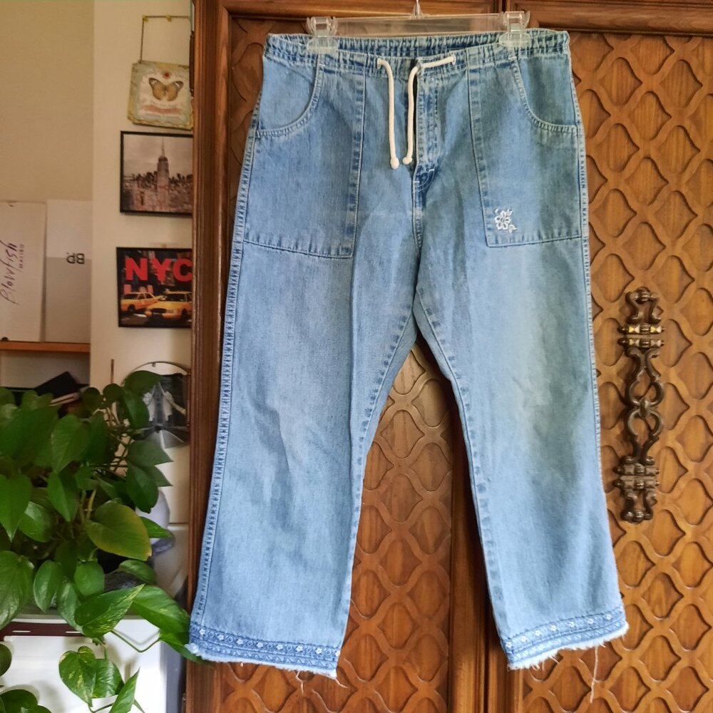 JORDACHE Drawstring Wide-Leg/Flared Crop Jeans - Lightwash, Size M